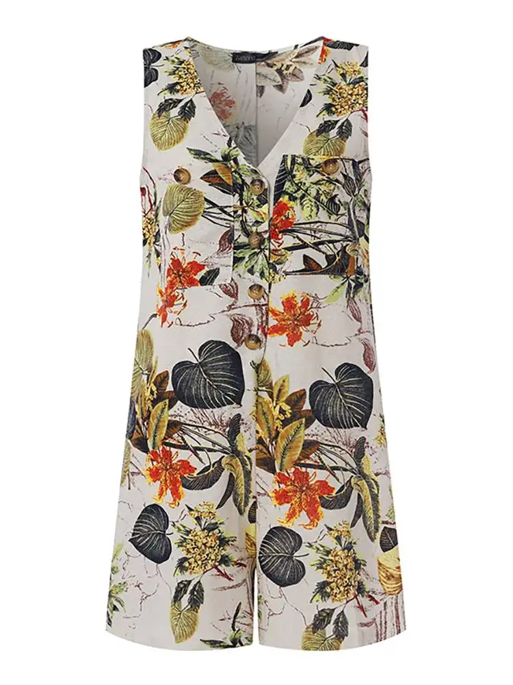 Summer V Neck Sleeveless Rompers ZANZEA Women Bohemian Floral Printed Jumpsuits Female Casual Holiday Playsuits Loose Rompers