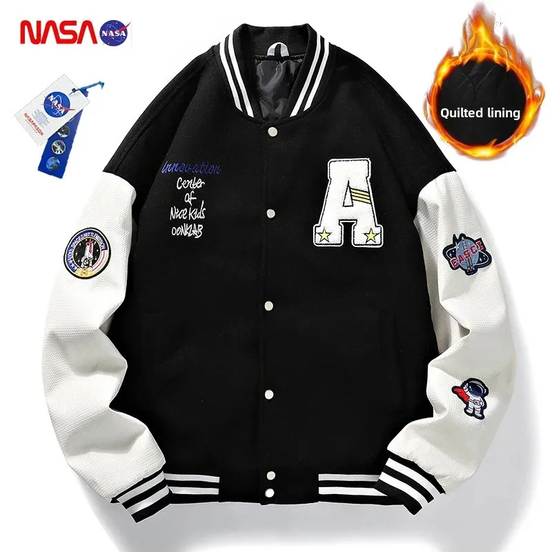 NASA Branded Plus Size Men's Fashion Jacket Winter Thickened Cotton Casual Style Loose Fit Baseball Uniform M-6XL