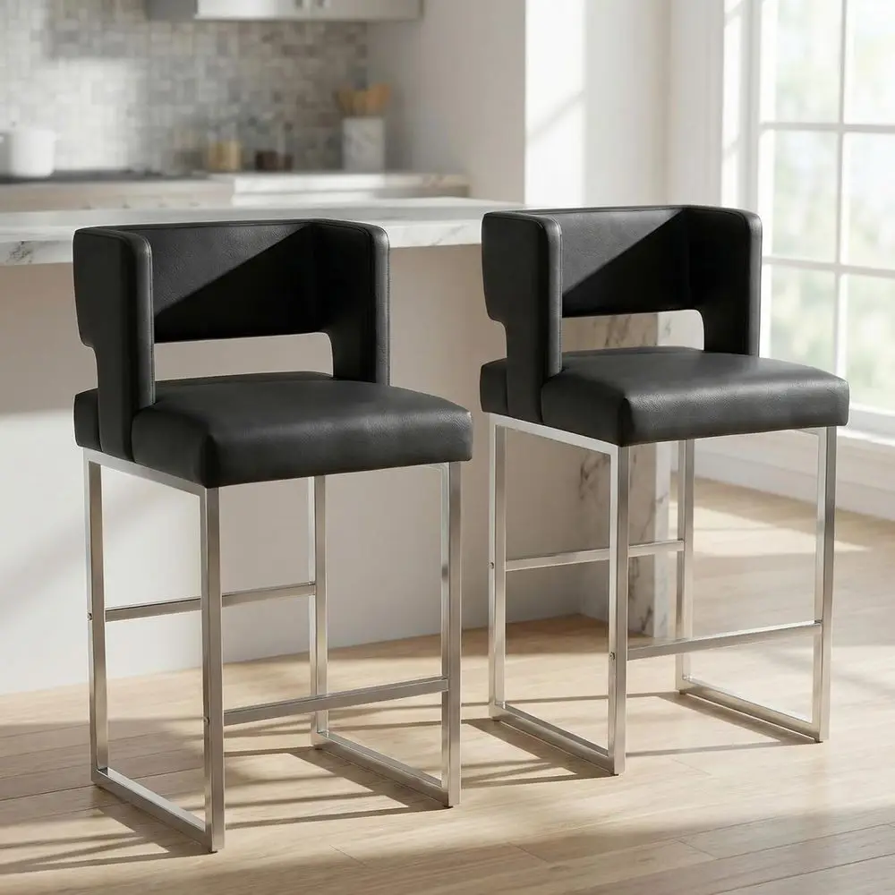

Set of 2 Counter Height Bar Stools, Kitchen Island Chairs with Back and Arm, Leather Barstools on Metal Legs, Home Bar Cafe Furn