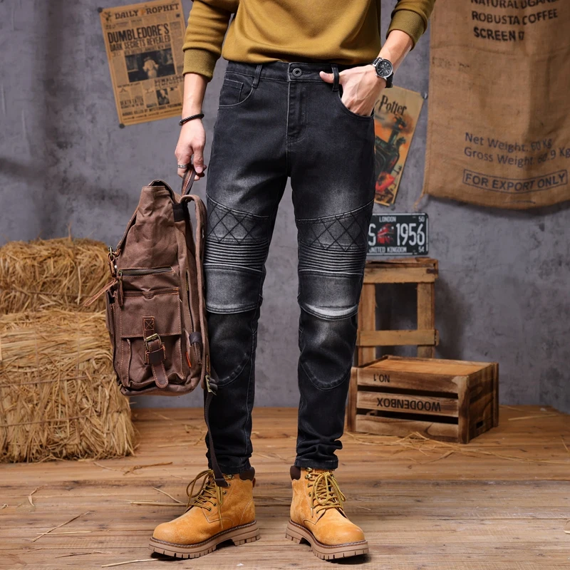 Autumn and Winter American High Quality Motorcycle Pants Retro Elastic Splicing Small Leg Jeans for Men Denim  Cargo Pants Men