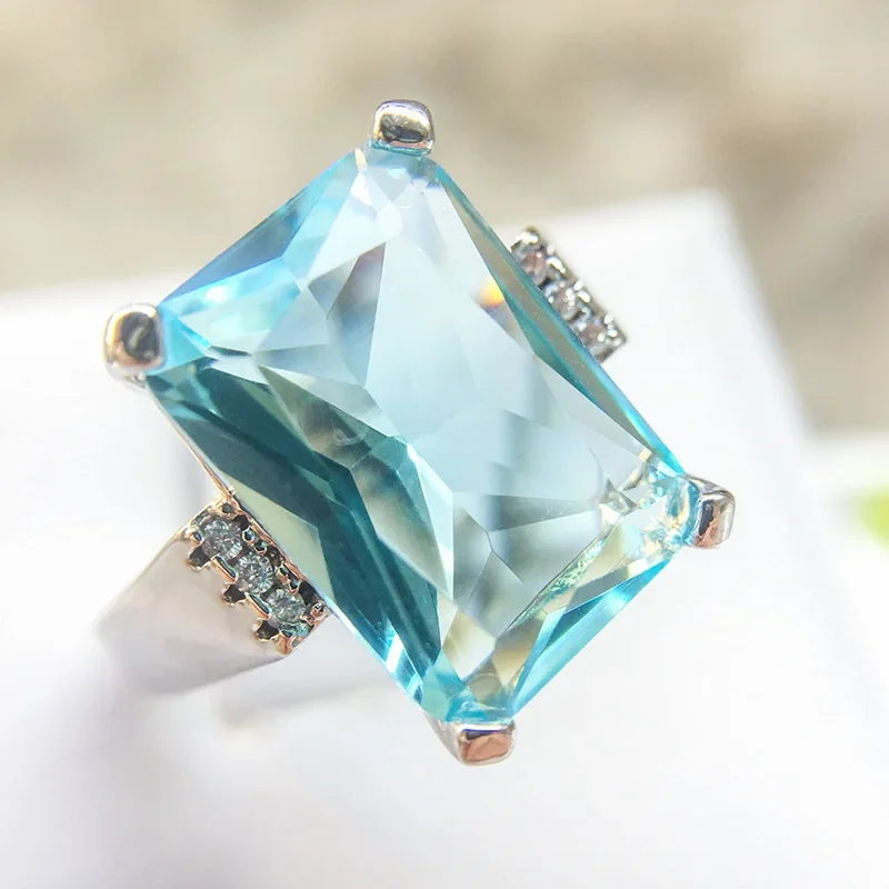 Solid 925 Sterling Silver Big Ocean Blue Cubic Zircon Stone Rings for Women Fashion Engagement Jewelry Valentines Day Gift