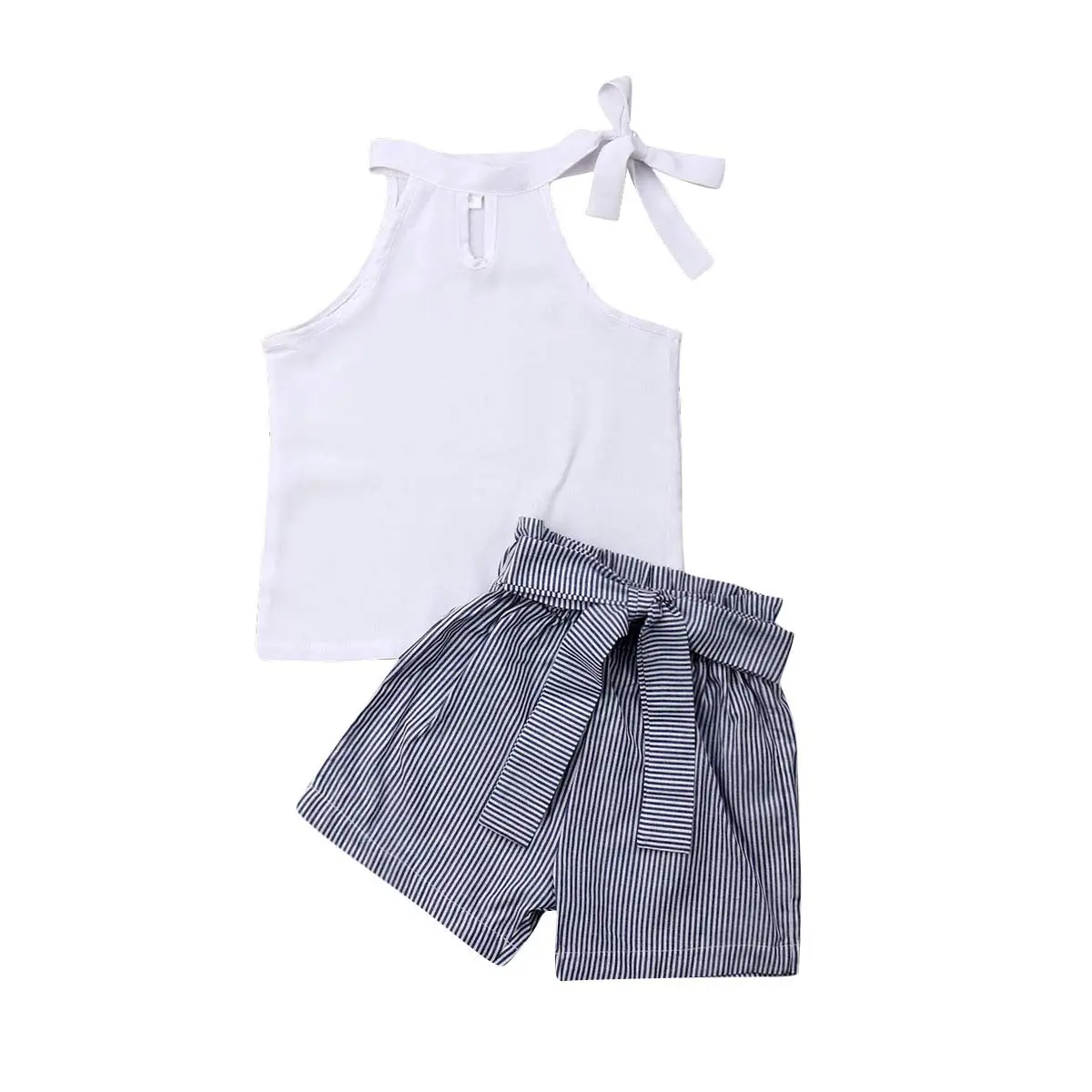 

2 Pieces Set Toddler Baby Girl Sleeveless Tie Knot Top Bowknot Striped Shorts Summer Outfits with Matching Headband