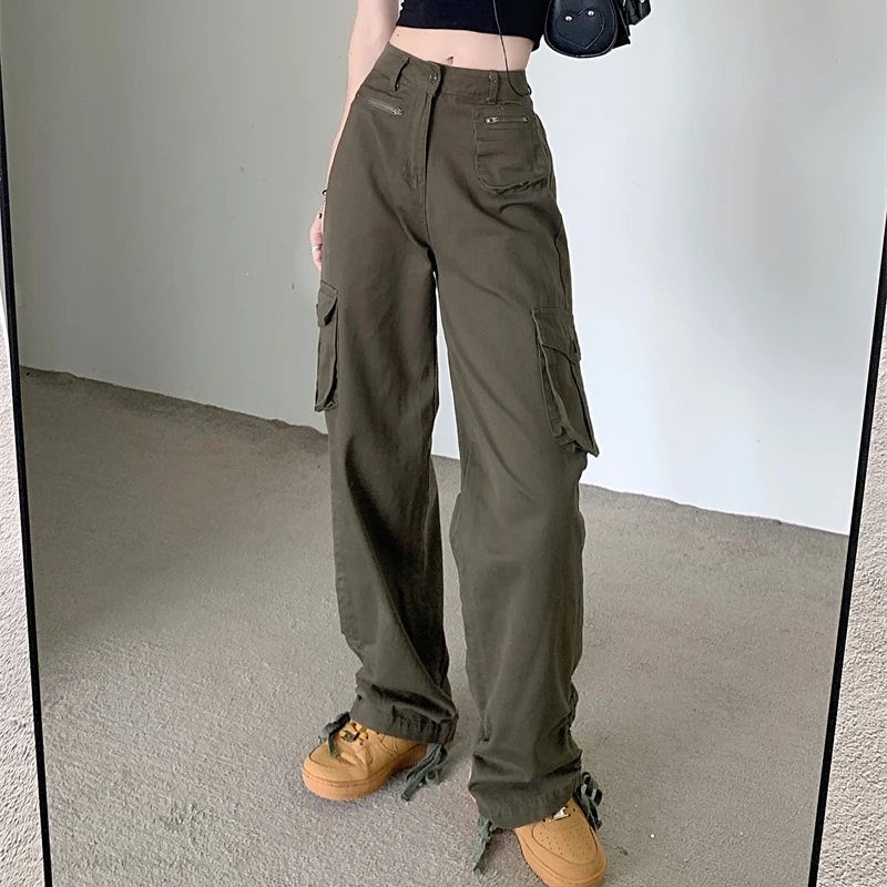 

American Retro Baggy Jeans Women Fashion Streetwear High Waist Straight Multi-pocket Hiphop Cargo Pants