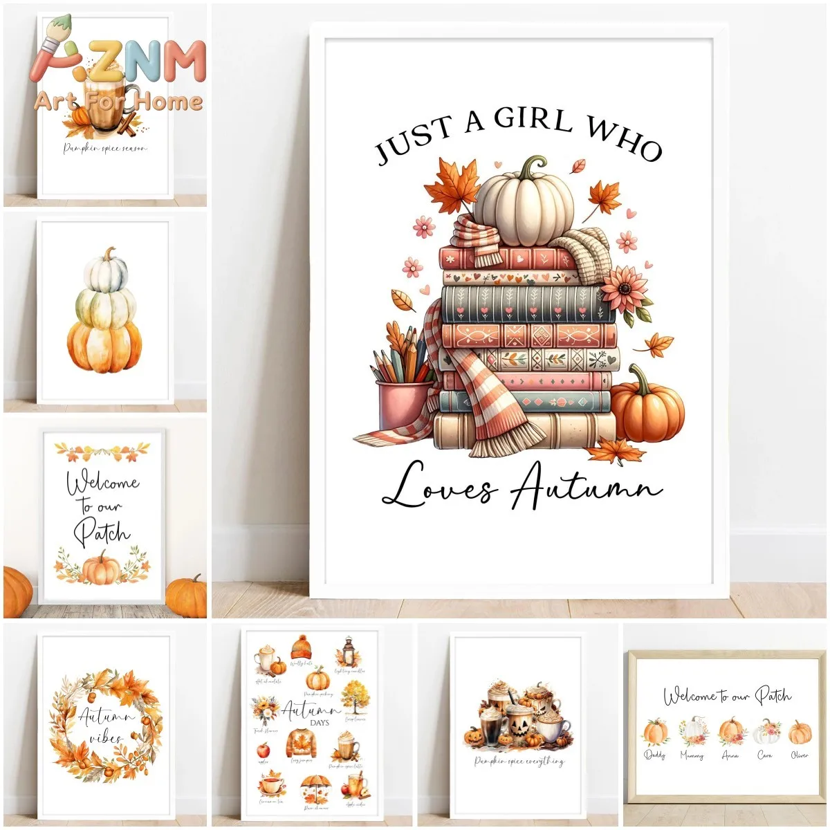 AZNM Watercolor Pumpkin Book Maple Leaf Autumn Quote Canvas Wall Art, Warm Fall Season Frameless Canvas Print Poster for Bedroom