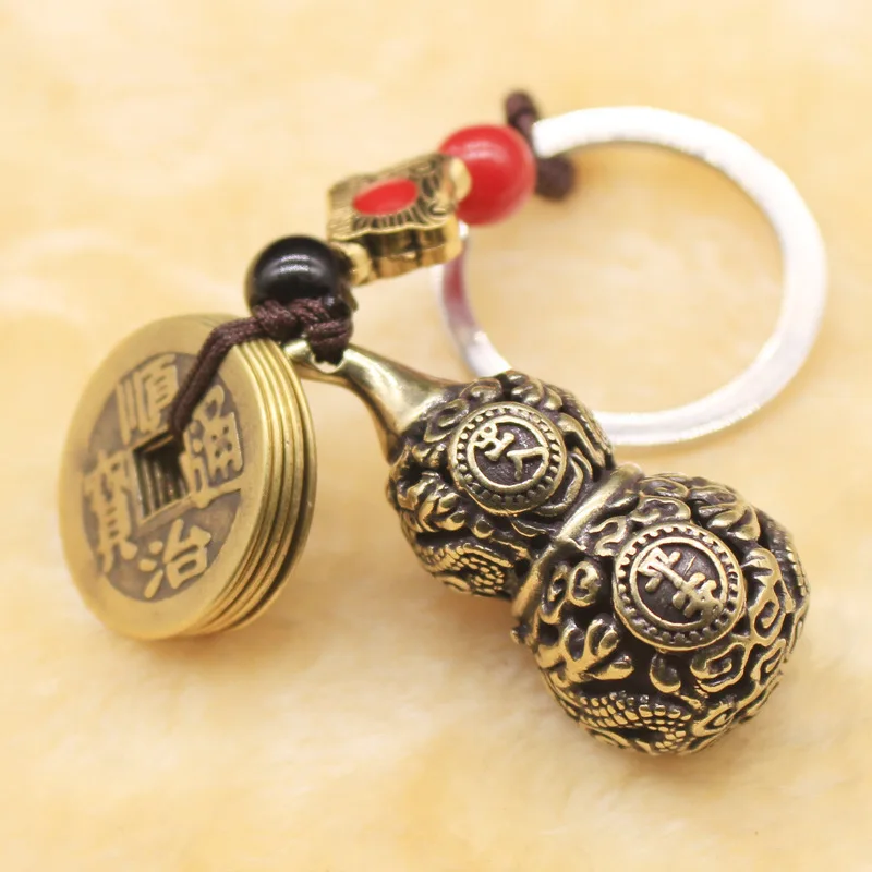 Real Bronze Qing Dynasty Five Emperors' Coins Gourd Safe Trip Lucky Lucky Hollow Brass Key Buckle Ornament Pendant Stall Live Br