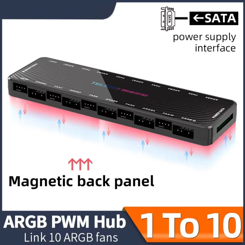 1 To 10 Addressable ARGB PWM Hub Splitter 12V 4Pin PWM 5V 3Pin SATA Power Concentrator Adapter For Desktop PC Case Fans