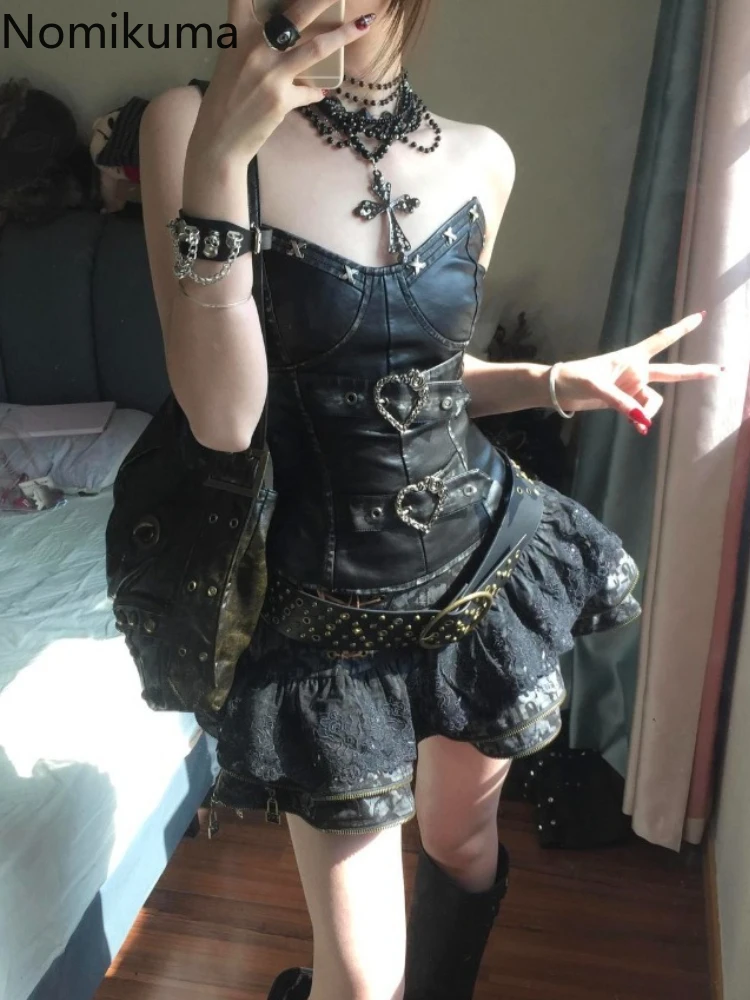 

Harajuku Punk Clothes 2 Piece Sets Slim Waist Strapless Tops High Waist A-line Mini Skirt Outfits Chic Japanese Sexy Summer Suit