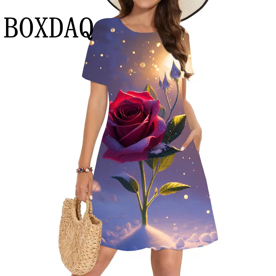 New Women's Summer 3D Floral Printing Dress Elegant Casual Short Sleeve Dresses Casual Plus Size Women's Dresses 2025 Clothing