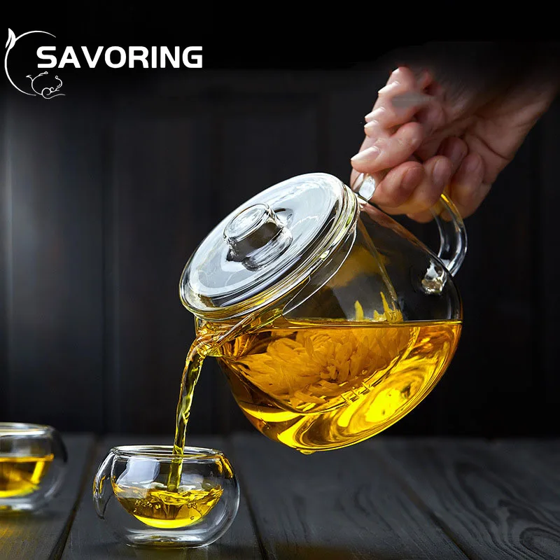 400ml Glass Teapot Heat-Resistant Borosilicate Glass Teapot Boiling Teapot Thickened with Handle Teapot Household Flower Tea Set