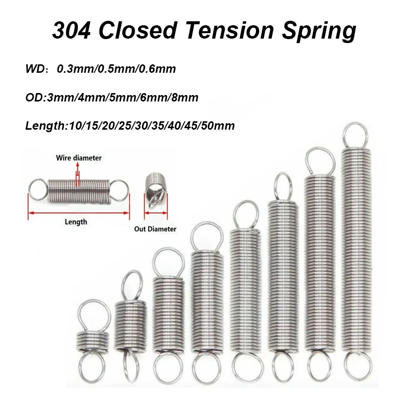Kleine Zugfedern aus Edelstahl 304, 10 Stück, Doppelhaken, Draht 0,3–0,6 mm, Außendurchmesser 3–8 mm, Länge 15–50 mm, für Heimwerker- und Hardware-Reparaturen