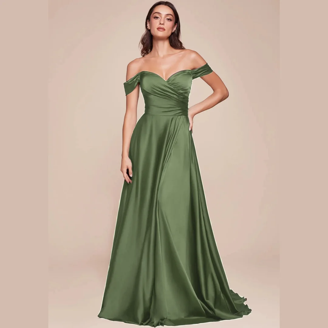 

Satin Simple Bridesmaid Dresses Off the Shoulder Elegant A-line High Slit Pleated Plain Formal Evening Gowns Wedding Prom Dress