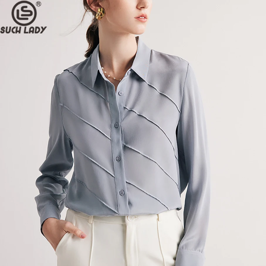 

100% Natural Silk Women's Shirts Turn Down Collar Long Sleeves Lined Elegant Fashion Blouse Tops