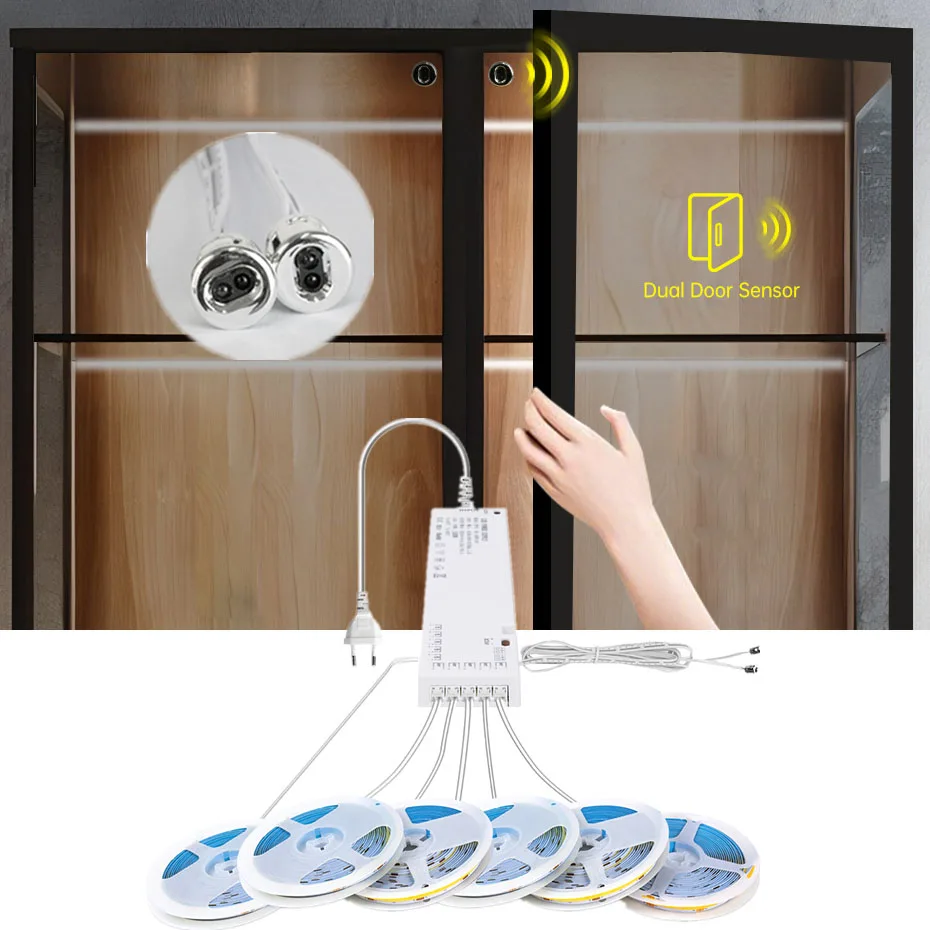 

AU/EU/UK/US Door Motion Sensor Control LED Under Cabinet Backlight Lights 12V COB LED Strip Wardrobe Showcase Shelf Lighting
