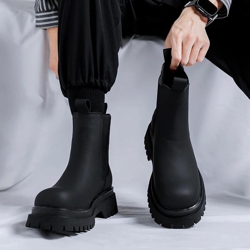 2023 Platform Black High Top Boots WMen High Heel Genuine Leather Ankle Chelsea Boots Men Punk Shoe Thick Bottom Botas De Mujer