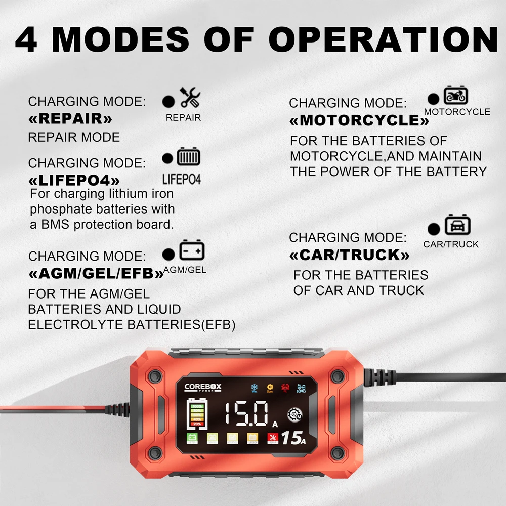 12V 15A 8A Auto- und Motorrad-Smart-Batterieladegerät für Lifepo4 Blei-Säure AGM Digital-Touchscreen Lithium-Eisenphosphat-Ladegerät – Detail 5