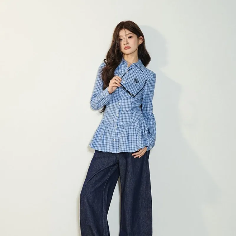 Korean Style Plaid Shirts Patchwork Elegant Youth Slim Blouse Harajuku Office Minimalist Casual Long Sleeve Autumn Clothes