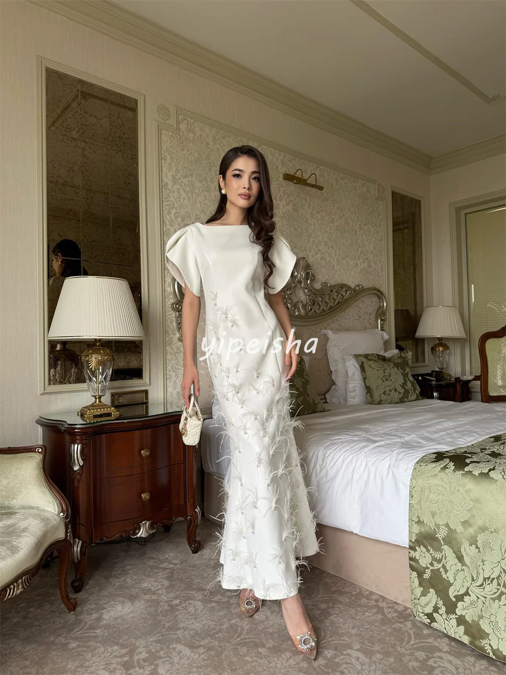 Abiti da cerimonia alla caviglia con scollo rotondo dritto in jersey di moda stile moderno personalizzato Abiti da cerimonia su misura Classici