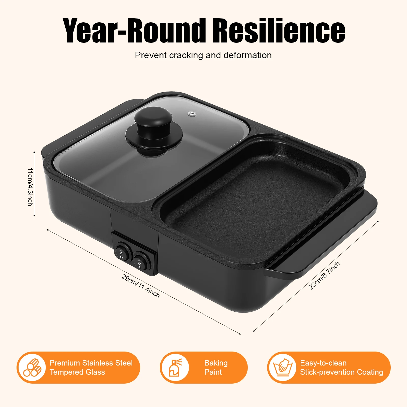 110V US Plug 2 in 1 Electric Hot Pot & Grill Pan Dual Independent Temperature Control Non-Stick Coating 1200W Tabletop Shabu Shabu BBQ Cooker view 2