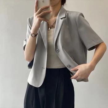얇은 반팔 블레이저 캐주얼 루즈핏 우아한 여성 짧은 재킷, 오피스 레이디 단색, 올매치 상의, 한국 루즈핏 작은 세트