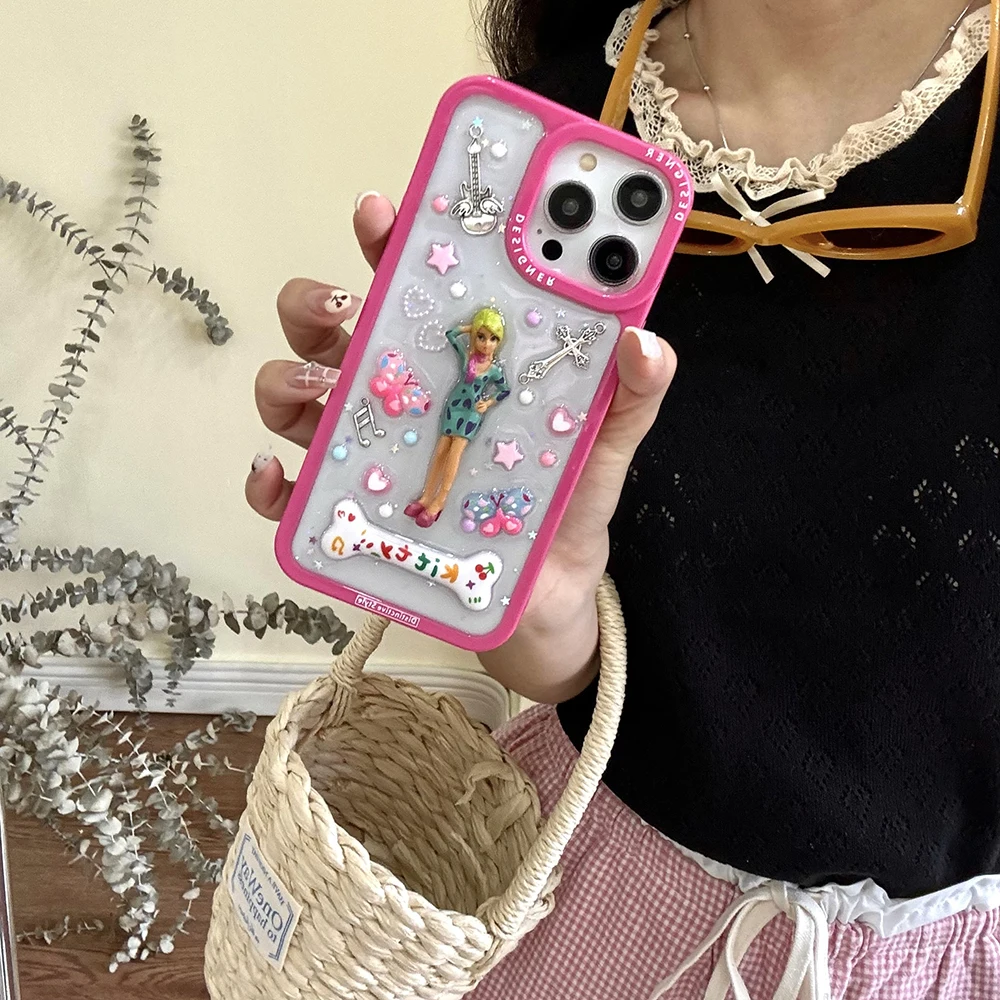 Luxury Cartoon Sweet Cool Barbies Princess Stereoscopic Phone Case for IPhone 15 14 13 12 11 Pro Max Clear Back Cover Y2k Girl