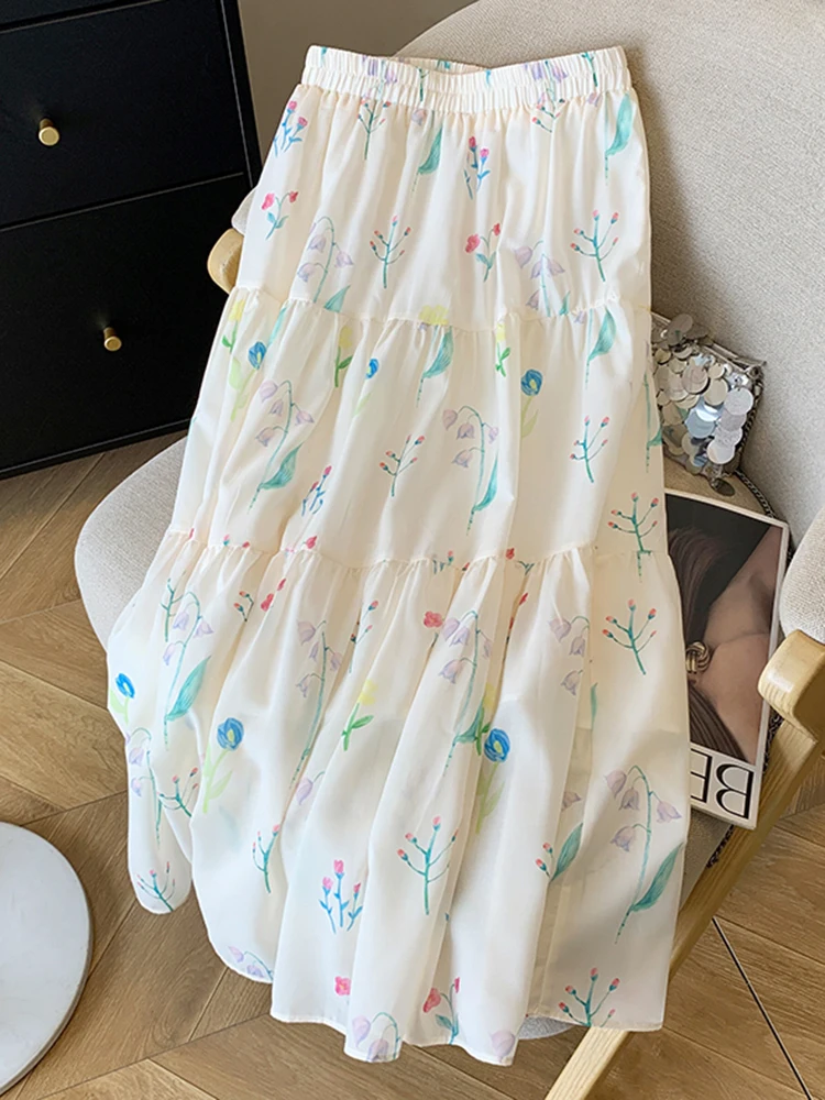 

Zoki Floral Elegant Long Skirts Women Vintage Loose Sweet High Waist A Line Skirt Korean Retro Summer High Quality Long Skirt