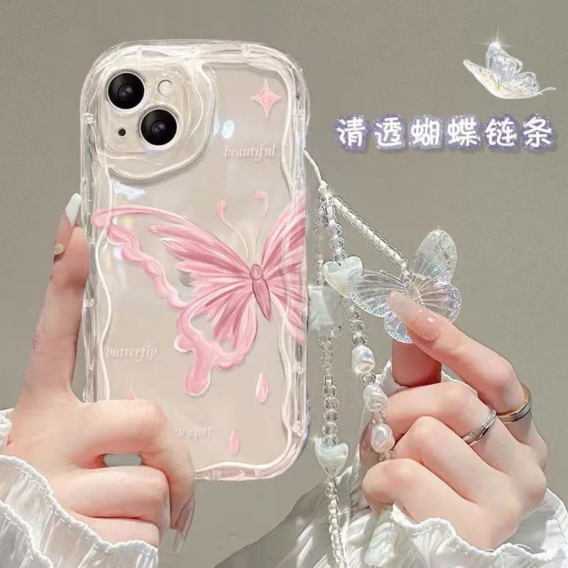 Korean 3D Butterfly Bracelet Chain Phone Case for IPhone 15 Pro Max 14 11 13 12 Mini XR 8 7 Plus X XS SE 2022 Wavy Clear Cover