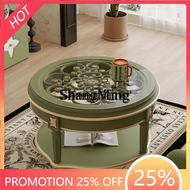 

FGgood-looking new round coffee table solid wood glass tea table simple living room household sofa edge round low table