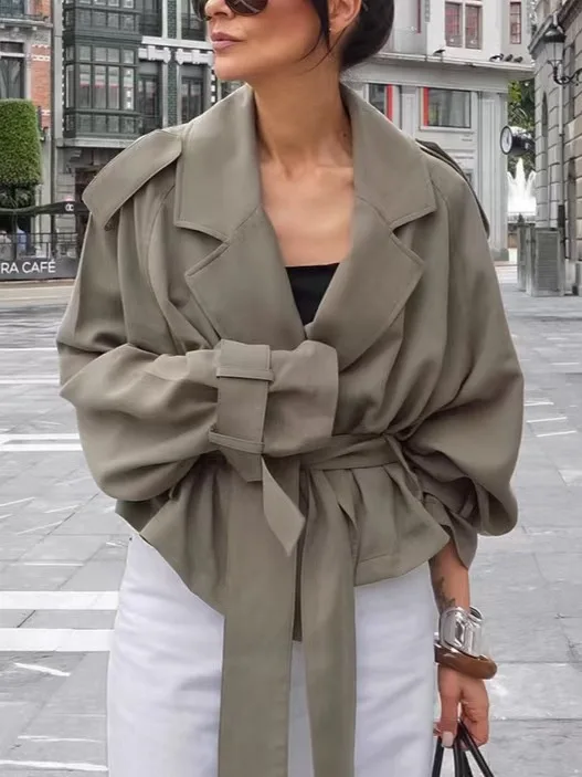 

Faionable Loose Long Sve Windbreaker Jaet с завязкой на талии для поездок на работу Sle ort Length Цветная женская верхняя одежда