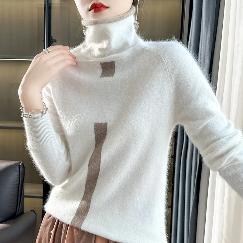 

Autumn/Winter New 100% Cashmere Pullover Casual Splicing Knitwear Women's Sweater High Neck Blouse Loose Plaid Tops