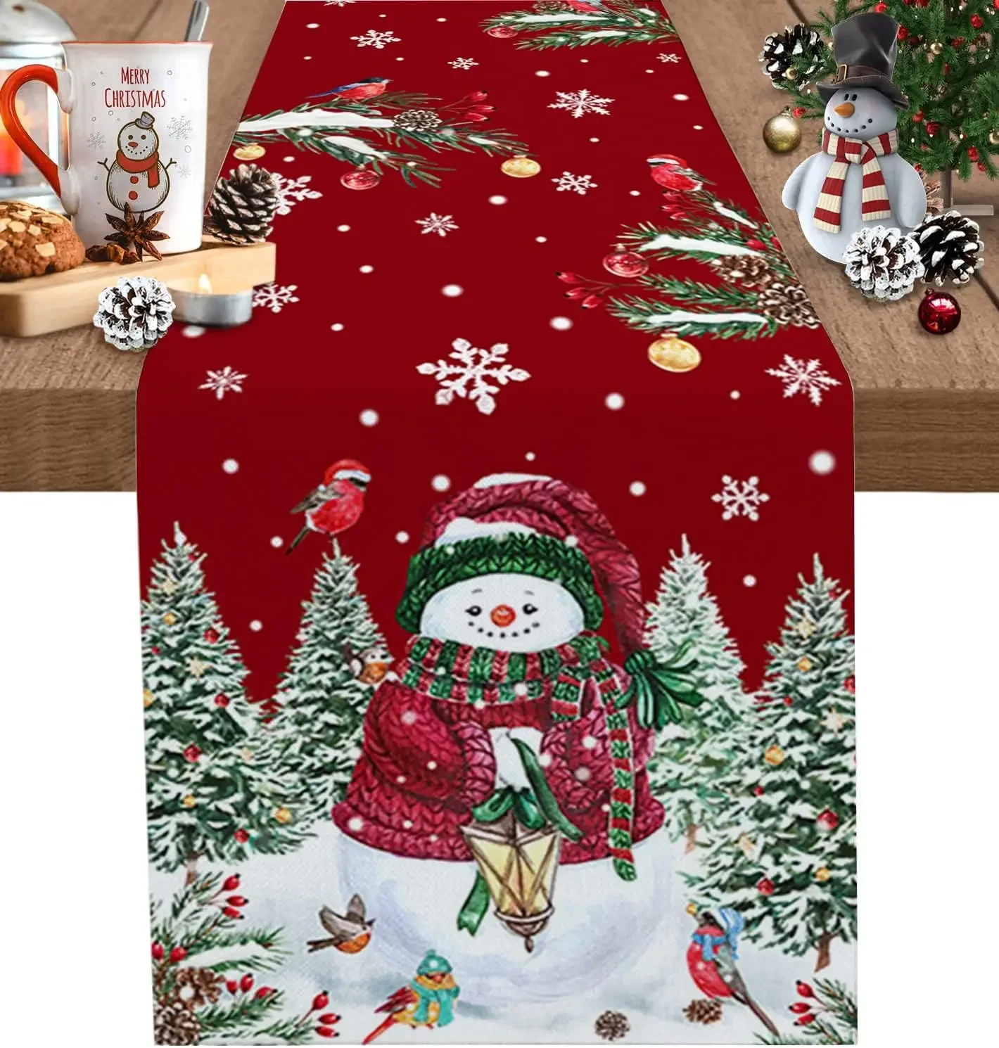 

Christmas Snowman Bird Xmas Trees Linen Table Runners Home Decor Reusable Kitchen Dining Table Runners Christmas Decorations