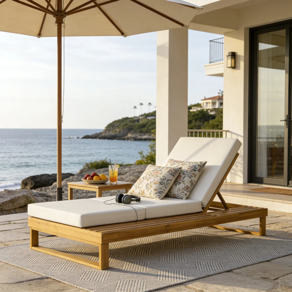 Tumbona de Madera de Acacia con Acabado en Teca Ye, con Juego de Cojines Resistentes al Agua de 4 Pulgadas, Color Crema, Plegables en 3 Posiciones, Ajustables, para Patio Exterior, con Superficie Lateral Plana, para Uso Junto a la Piscina - Versión en Gris Oscuro