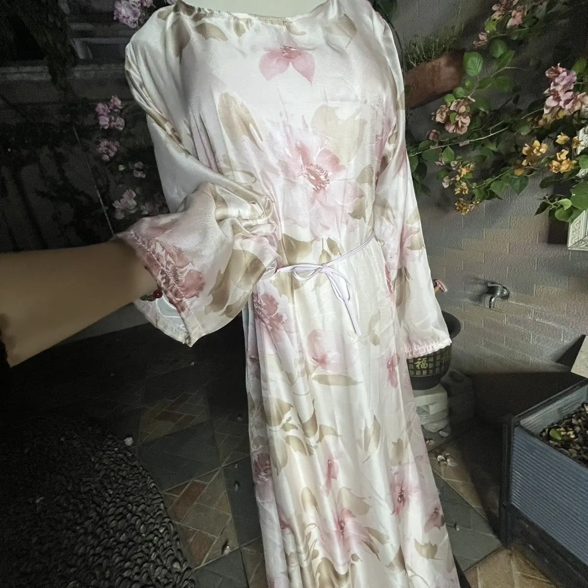 2 Layers Voile Outside Ice Silk inside Floral Print Glossy Sexy Women Satin Ruffles Long Dress Loose Maxi Dress Elegant Dresses