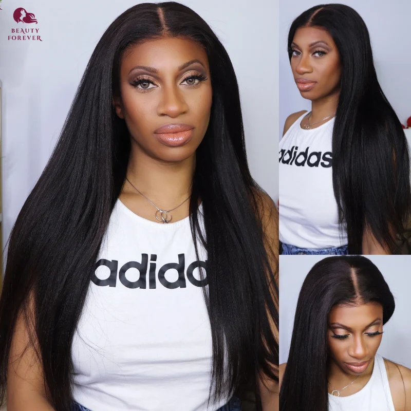 Beautyforever Pre Everything Yaki Straight Glueless Wig 13x4 Lace Front Human Hair Wig Pre Bleached Knots  Smart Cap