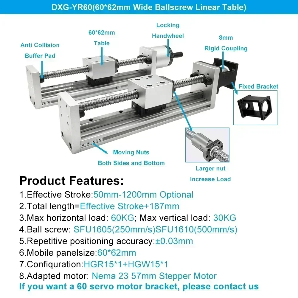 60mm Width CNC XYZ Axis Linear Actuator Electric Manual Driven Ball Screw Nema23 57mm Linear Rail Guide Stage Slide SFU1605/1610
