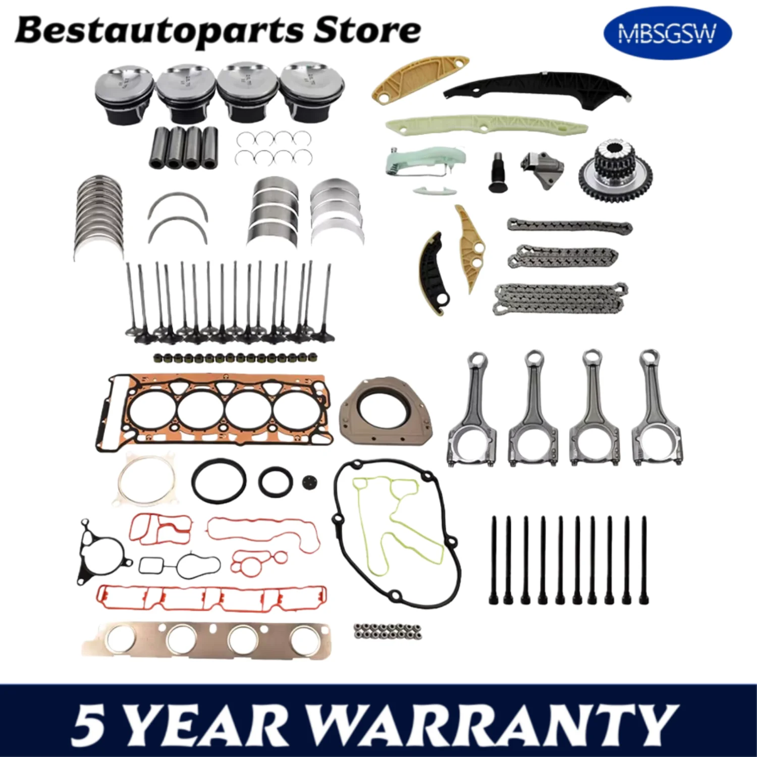 Engine Rebuild Timing Chain Kit Head Gasket Bolt ConRod Bearing Intake Exhaust Valve Piston Fit 2.0T 2.0L EA888 For Auid VW 23mm