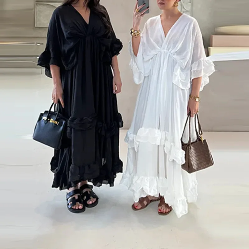 

French Gentle Dress Women's 2025 Summer New Temperament Resort Style V-Neck Ruffle Design Solid Color Long Skirt