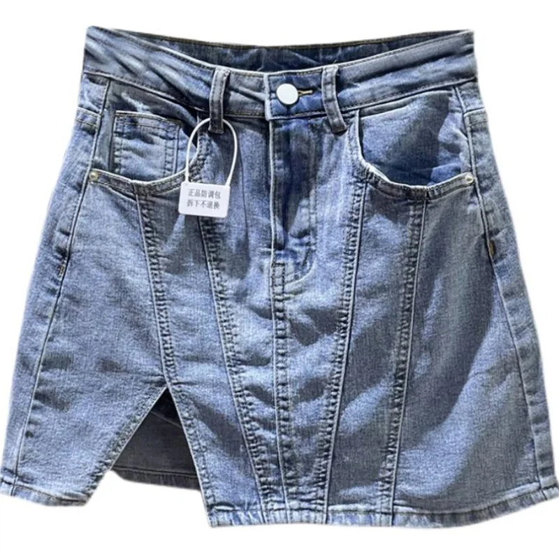 Line stitching high waist denim skirt women's anti-light A line sexy girl ultra-short  short skirt