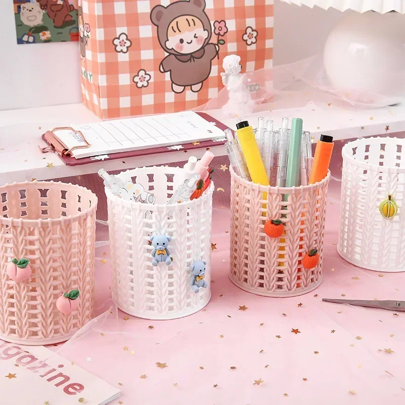 Creative Rattan Plastic Pen Holder Multi-functional Hollow Boxes Desktop Office Stationery Bucket Pencil Container Case