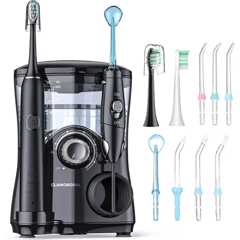 

Water Flosser and Toothbrush Combo in One, 600ml Oral Irrigator Electric with 7 Jet Tips, 2 Brush Heads Whitening Toothbrushes