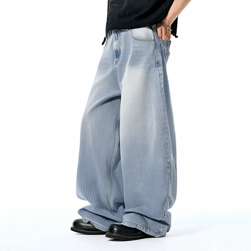 2025 뉴 블루 보이프렌드 진 루즈핏 와이드 레그 스트릿 스타일 (젊은 남성용)