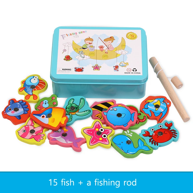 Caja de hierro, juego de pesca de madera, caña de pescar, juguetes magnéticos para niños, divertido habilidad motora fina, rompecabezas cognitivo de peces, juguete, regalos Montessori