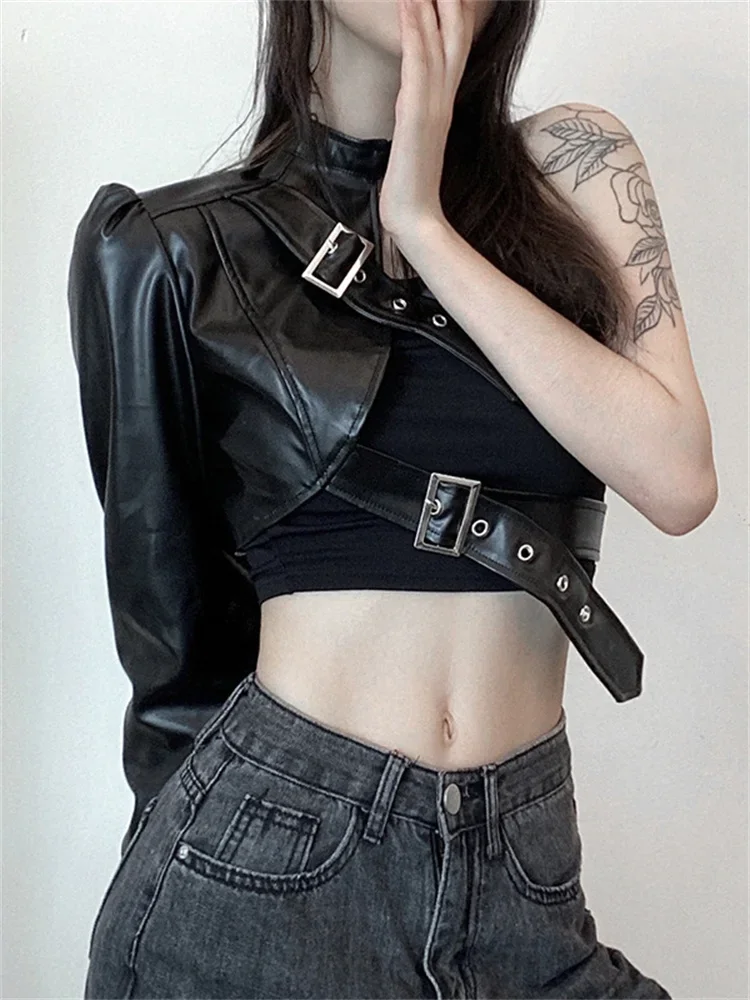 Women PU Leather Jackets Fashion Punk Gothic E Girl Y2K Crop Tops Single Long Sleeve Neck Hanger Buckle Belt Coat Outerwear