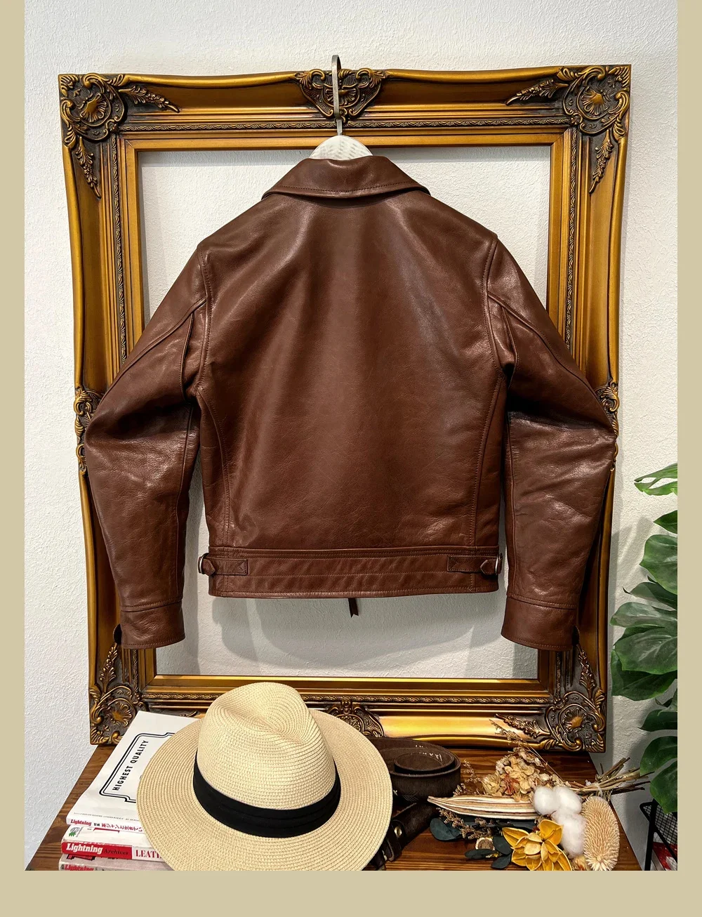 YR!Free shipping.Brown Vintage 1930's Rider leather jacket.quality Men natural tanned calfskin coat,Classic causal wear.