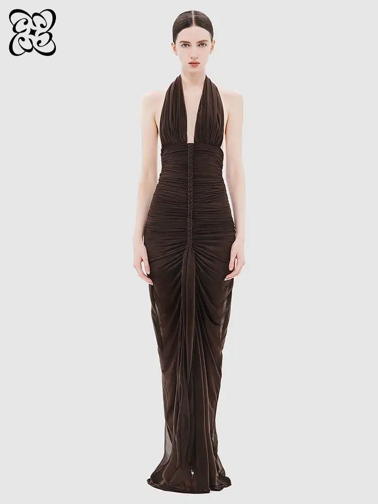 

Коричневое макси-платье с бретельками через шею и драпировкой для женщин, без рукавов, с глубоким V-образным вырезом, облегающее, вечернее, с плетеными деталями, без спинки, для вечеринок