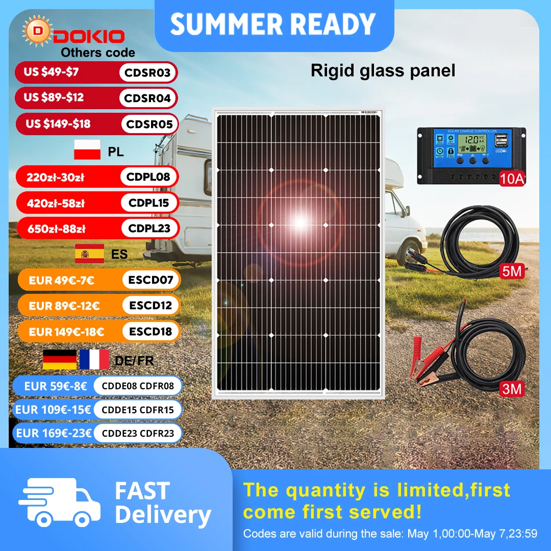 DOKIO 18V 100W panneaux solaires/Kit monocristallin 100W panneau de cellules étanche photovoltaïque 100 watts pour RV/maison/batterie 12V