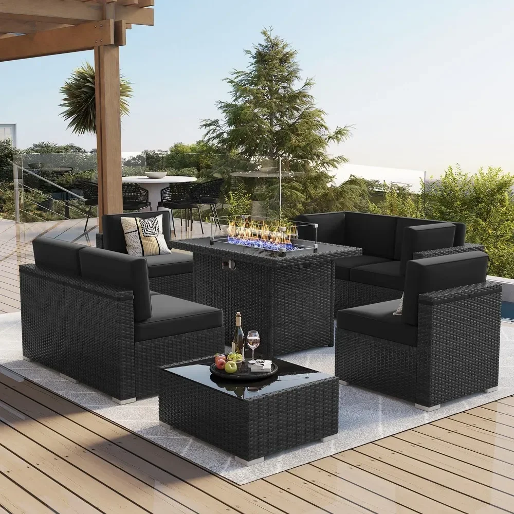 

Furniture Set with 44" Propane Gas Fire Pit Table, Outdoor Sectional Conversation Set Wicker Rattan Sofa Set with Coffee Table