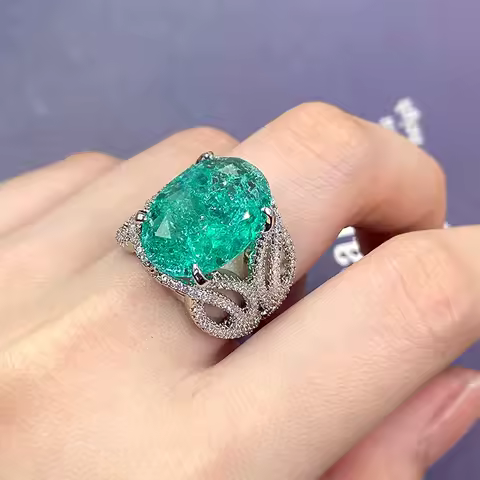 925 Silver Plated Exquisite Blue Green Moissanite Ring Fire Sparkling Luxury Open Ring Female Party Birthday Jewelry Gift