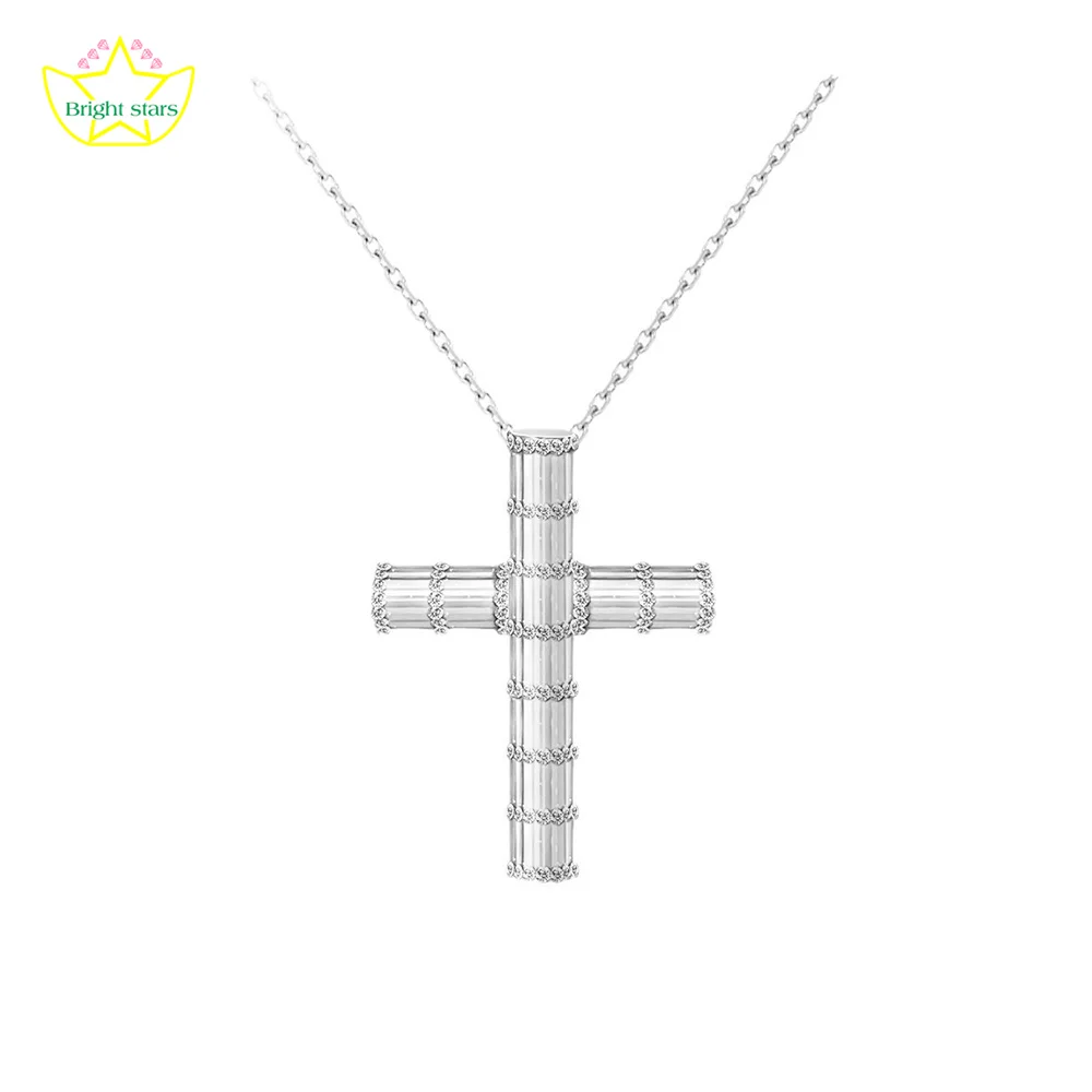 Bright Stars High Sense S925 sterling silver cross ladder square full diamond necklace for women