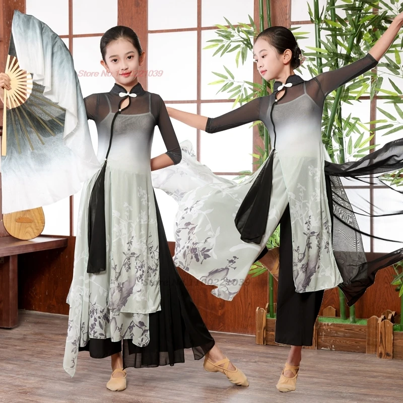 

2025 chinese vintage children dance costume national flower print mesh qipao tops+pants set traditional stage performance dress
