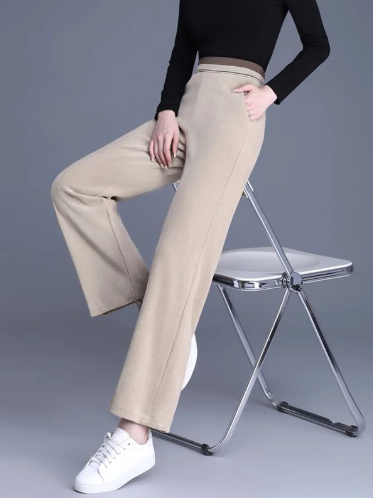 Thickened Warm Elastic Pants Women's Casual Baggy Patchwork Fashion Pantalones Loose High Waisted Wide Leg Straight Trousers